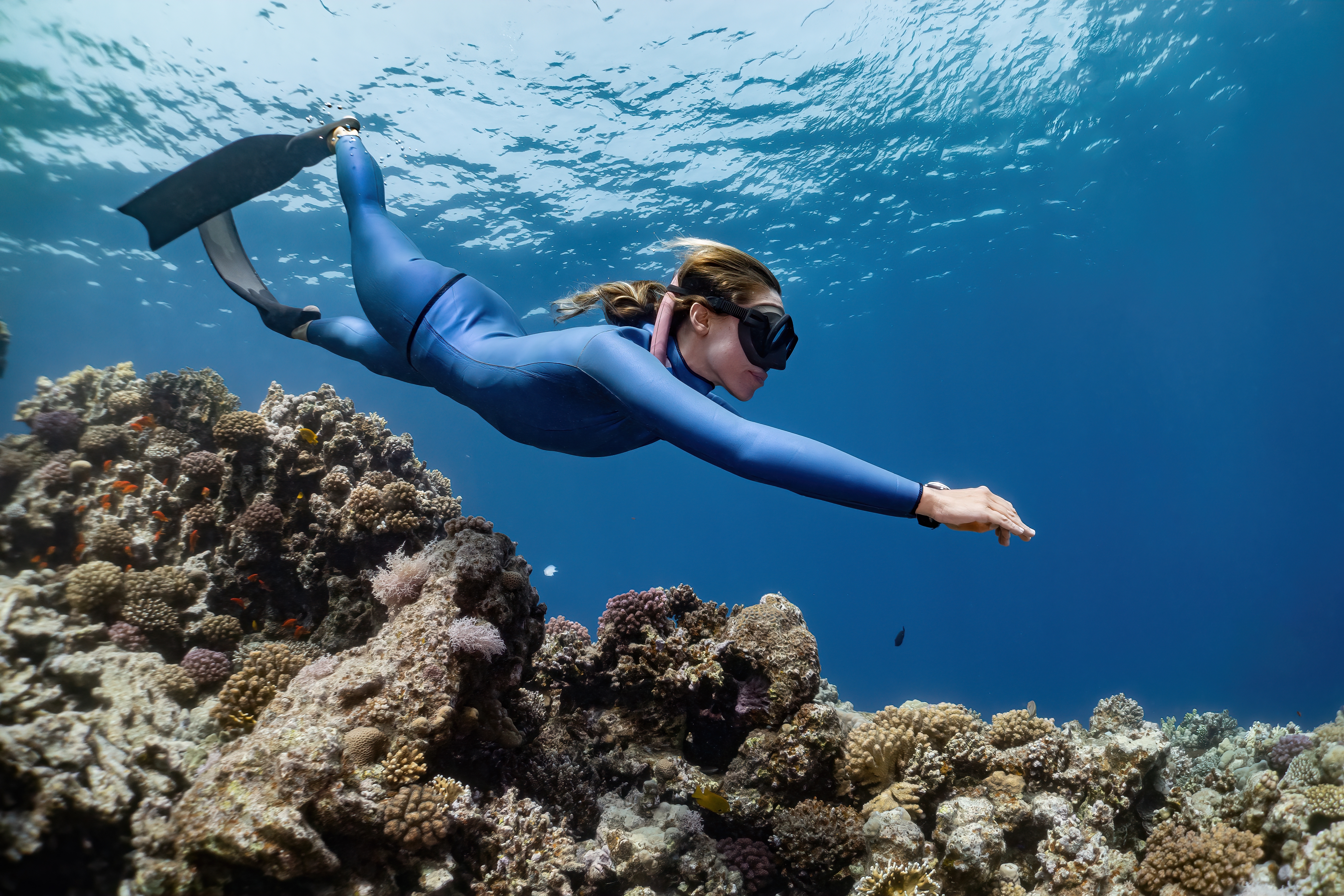 Freediver exploring a coral reef in Spain — extreme beach sports in Spain